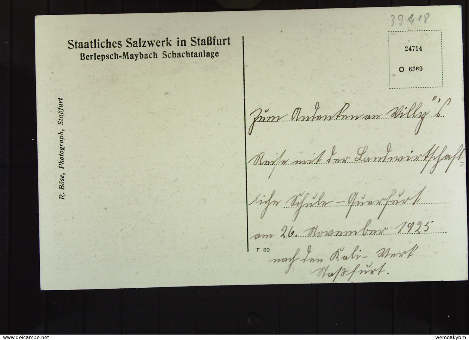 DR: AK Staßfurt, Staatliches Salzwerk -Schachtfüllort Am Berlepschschacht Auf Der 406 M Sohle Vom 26.11.1925 Ohne Bmke - Stassfurt