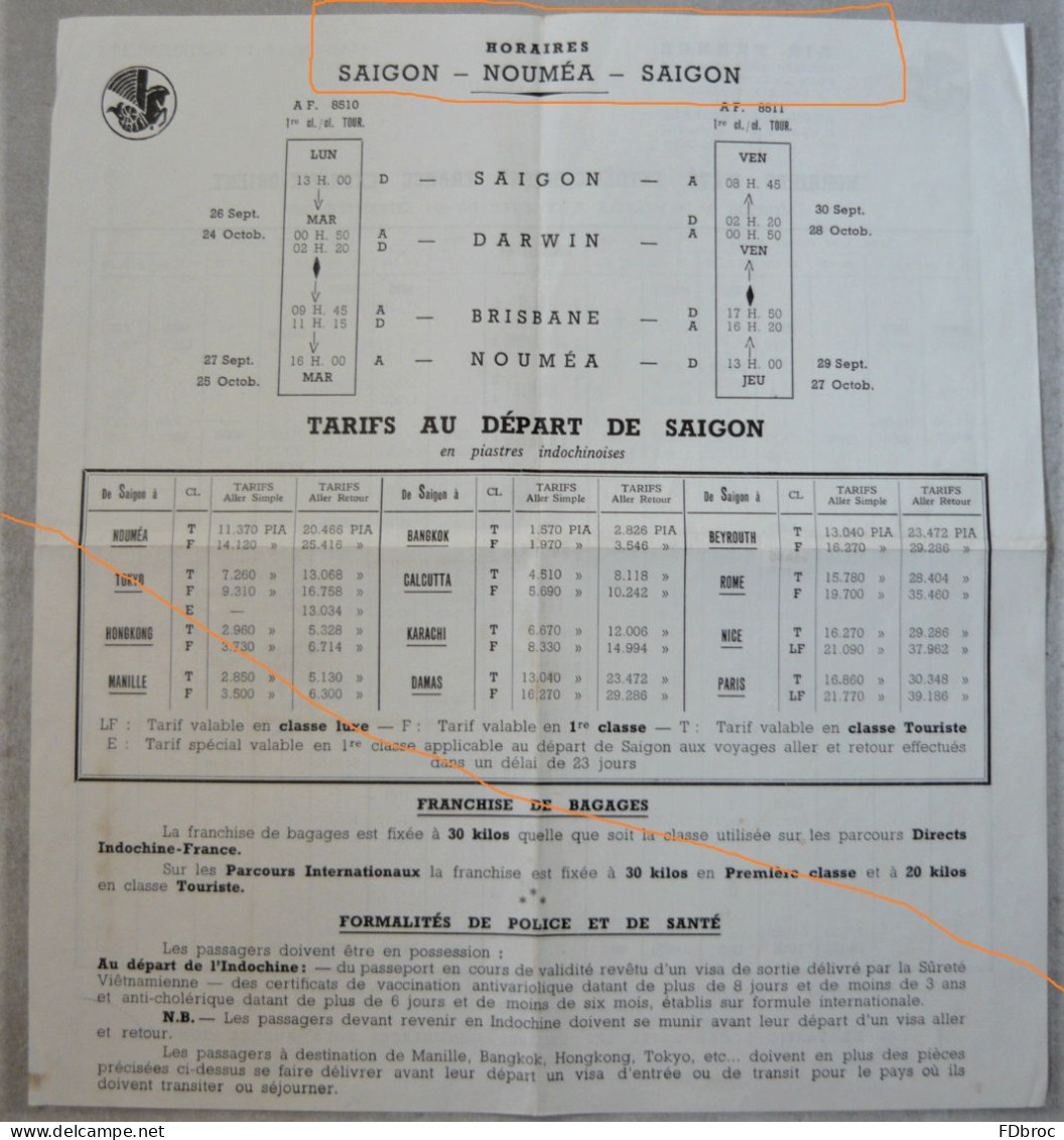 Ancien Dépliant Horaire (Time Table) Tarif AIR FRANCE Indicateur AVION SAIGON NOUMEA Extrême Orient Vietnam 1955 - Orari