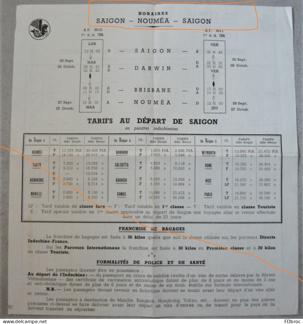 Ancien Dépliant Horaire (Time Table) Tarif AIR FRANCE Indicateur AVION SAIGON NOUMEA Extrême Orient Vietnam 1955 - Timetables