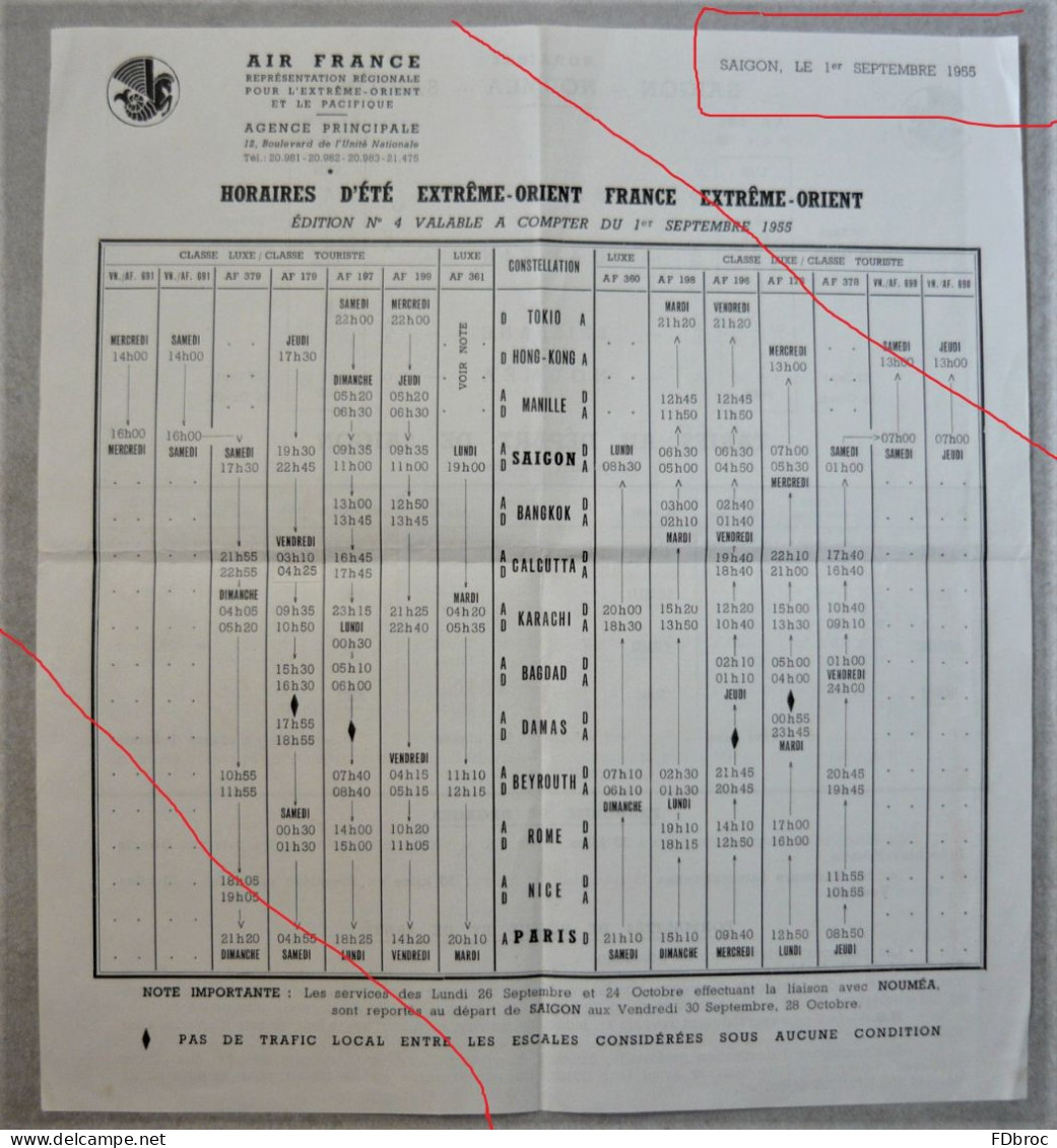 Ancien Dépliant Horaire (Time Table) Tarif AIR FRANCE Indicateur AVION SAIGON NOUMEA Extrême Orient Vietnam 1955 - Horaires