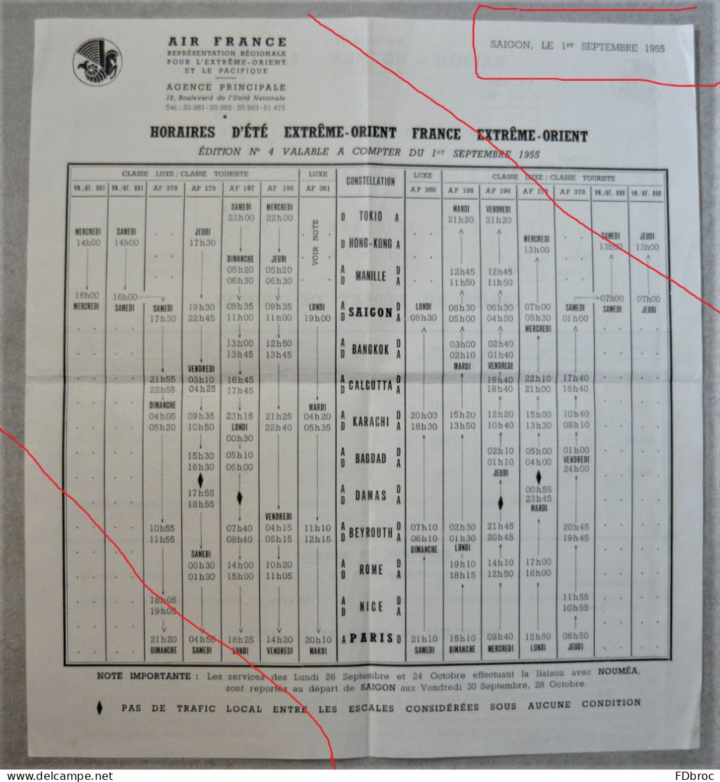 Ancien Dépliant Horaire (Time Table) Tarif AIR FRANCE Indicateur AVION SAIGON NOUMEA Extrême Orient Vietnam 1955 - Tijdstabellen