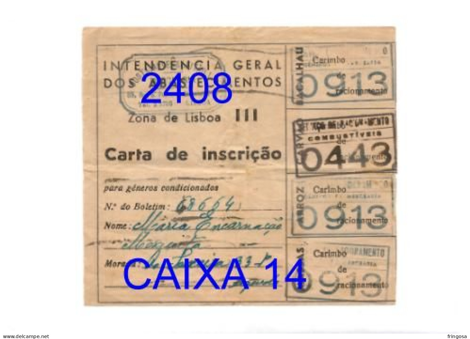 WWII: CARTA DE INSCRIÇÃO - INTENDÊNCIA GERAL DOS ABASTECIMENTOS - ZONA DE LISBOA III - Anos 40 - Portugal