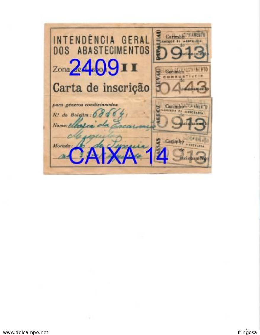 WWII: CARTA DE INSCRIÇÃO - INTENDÊNCIA GERAL DOS ABASTECIMENTOS - ZONA DE LISBOA II - Anos 40 - Portugal