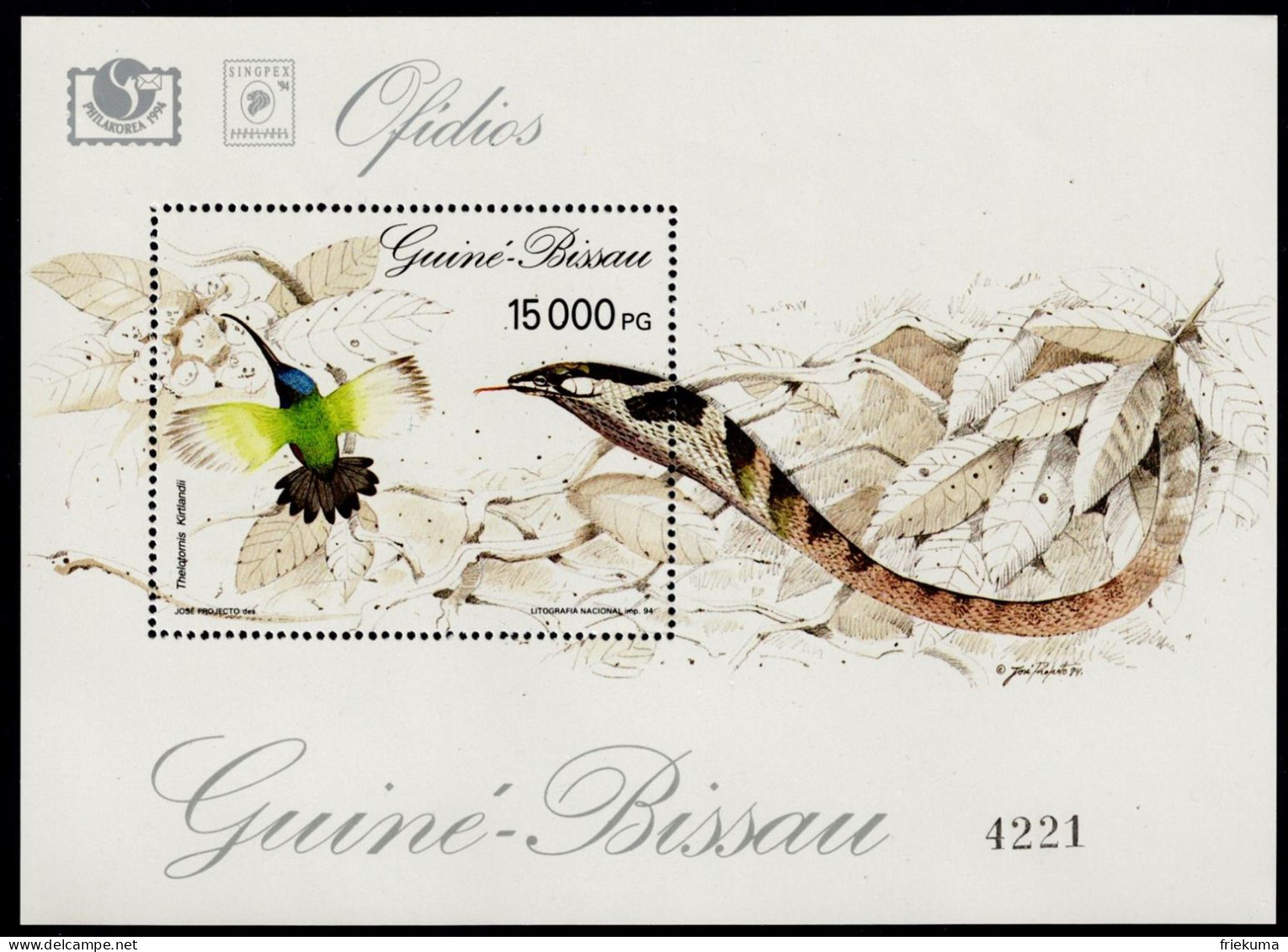 Guiné-Bissau 1994, Colibri/Hummingbird, Couleuvre Grise/Grey Tree Snake (Thelothornis Kirtlandii), MiNr. 1215 Block 294 - Hummingbirds