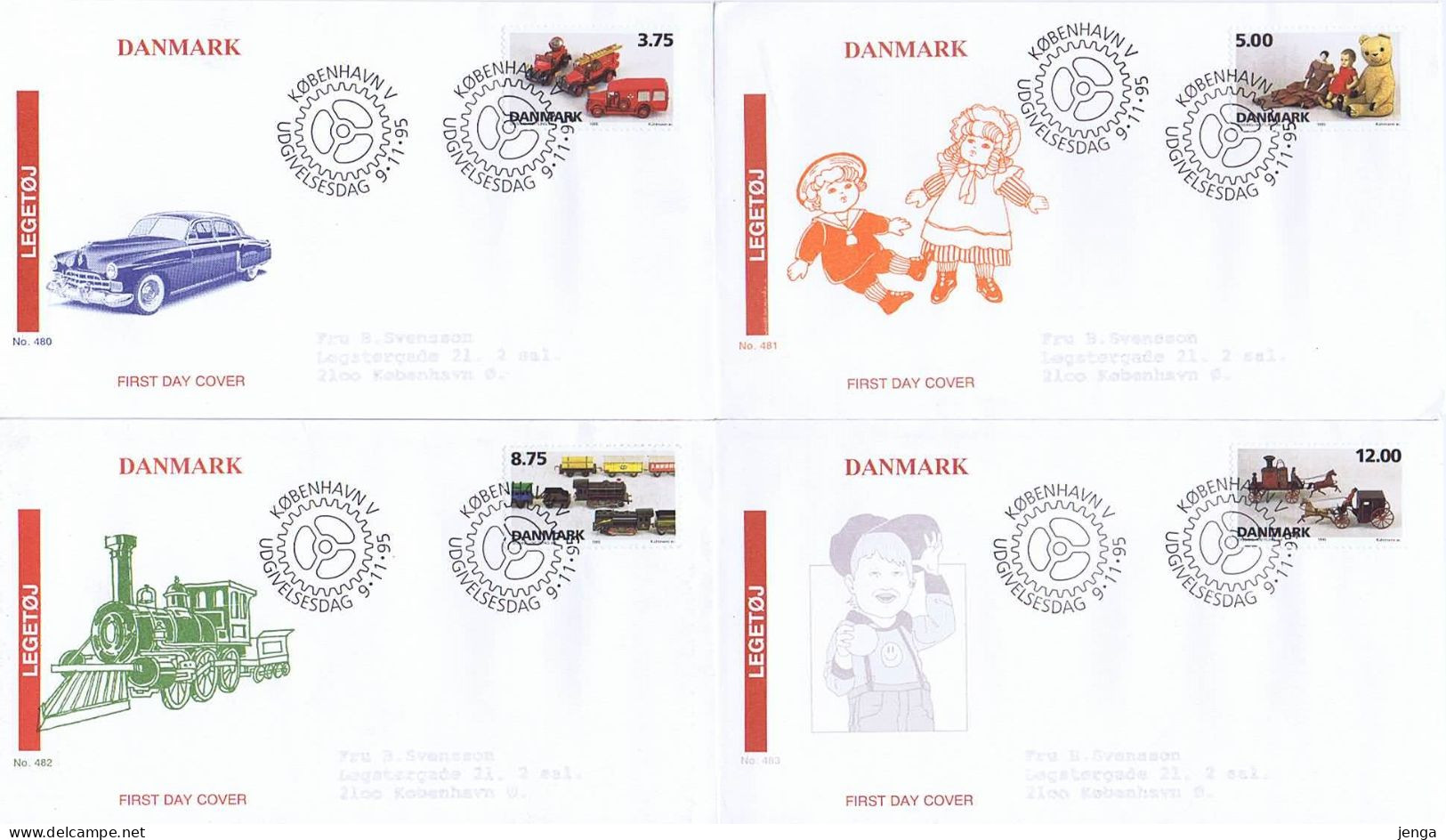 Denmark 1995; Toys (Spielzeug). Set Of 4 MNH(**) And On FDC With Fine Cachet. - Otros & Sin Clasificación