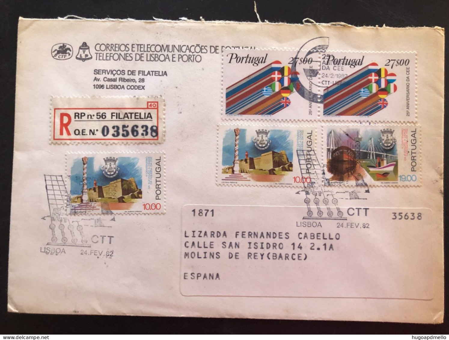 PORTUGAL, Registered Circulated Cover To Spain (Barcelona), « Flags», « Architecture », « Boats », 1982 - Buste