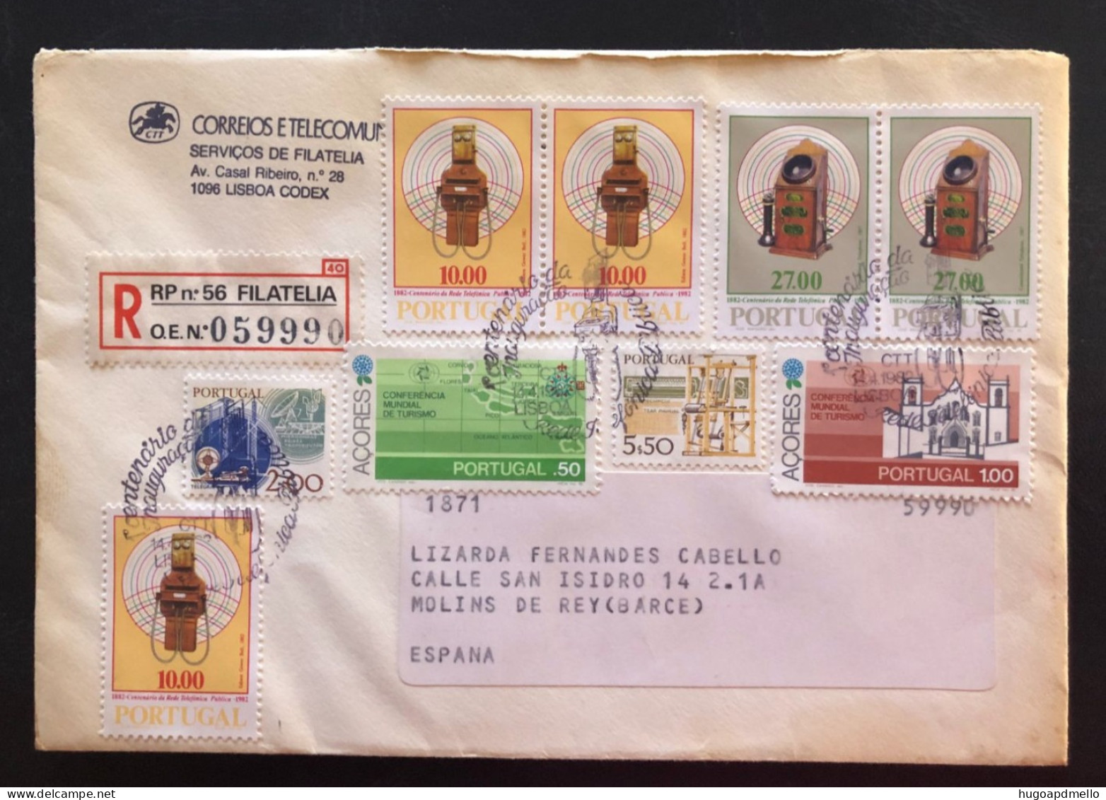 PORTUGAL, Registered Circulated Cover To Spain (Barcelona), « Tourism », « Telephone », « Telecommunications »,1982 - Covers & Documents