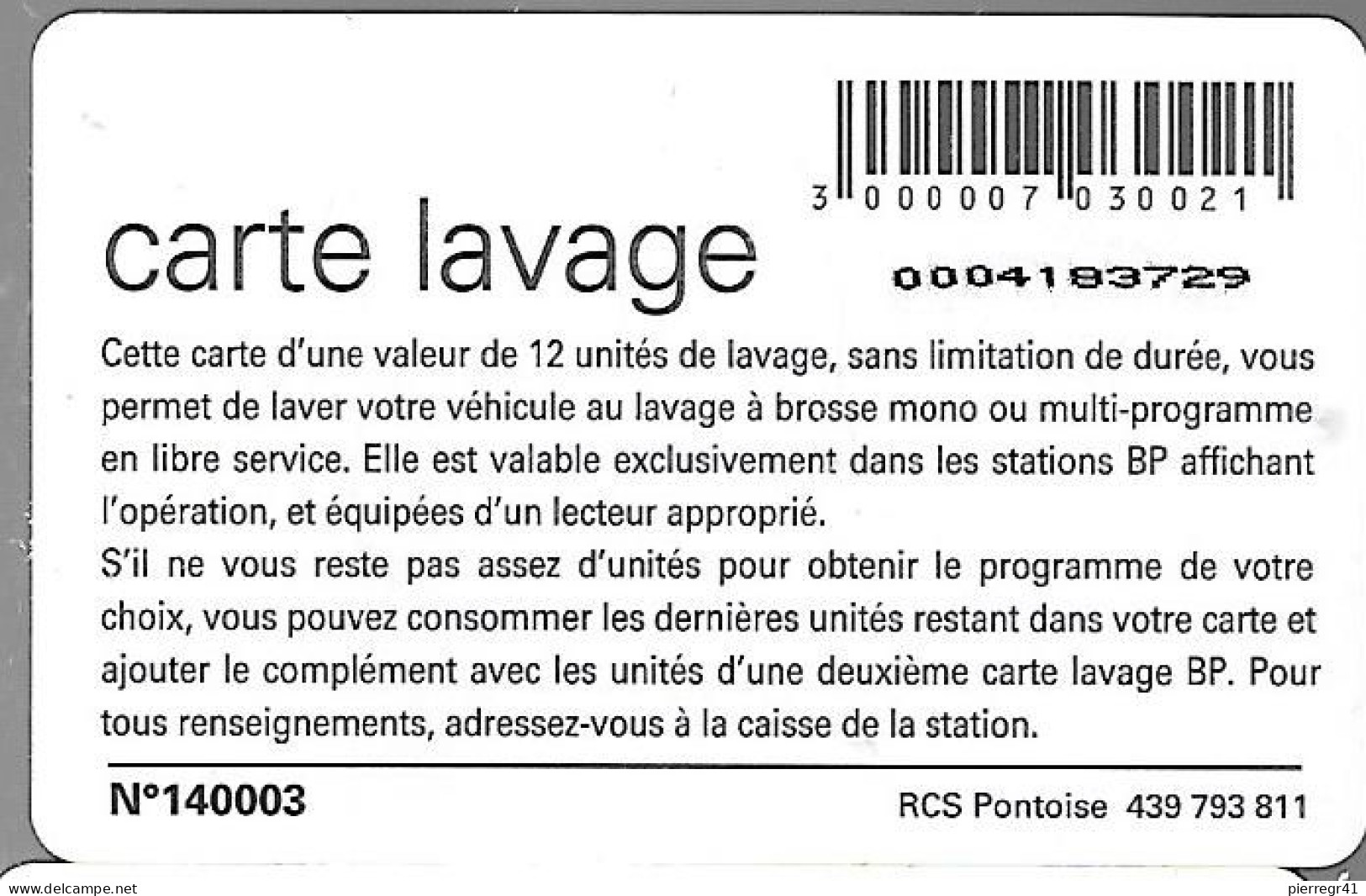 CARTE-PUCE-LAVAGE-BP-12-UNITES-V° N°140003-TBE - Autowäsche