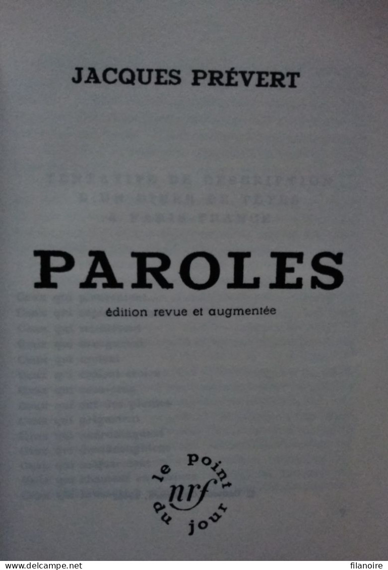 Jacques PREVERT Paroles (Le Point Du Jour, 1999, édition Revue Et Augmentée) - Autori Francesi