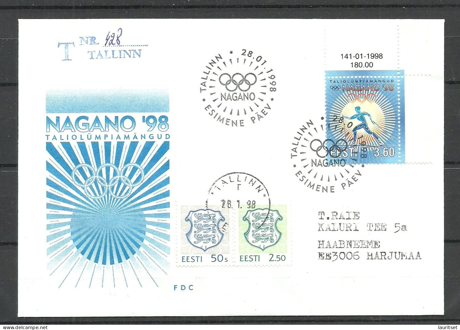 Estland Estonie Estonia 1998 Olympic Games Nagano Michel 316 FDC, Used R-Brief - Hiver 1998: Nagano