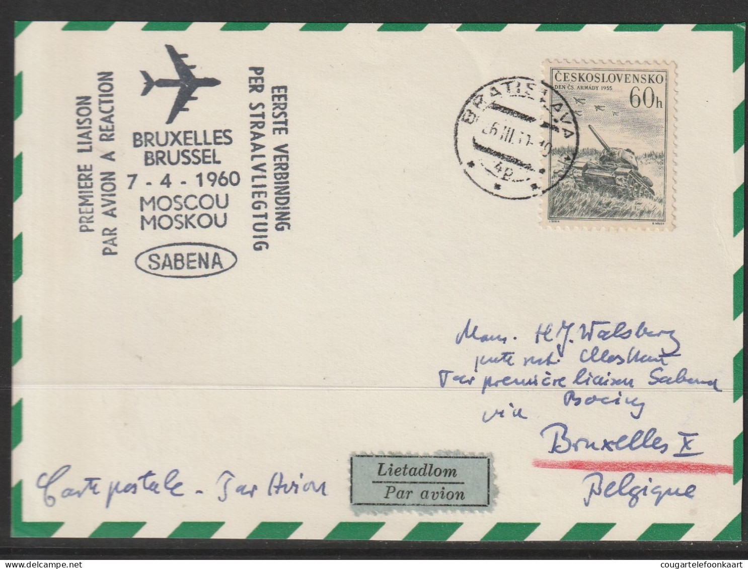 1960, Sabena, First Flight Card, Bratislava - Moskou, Feeder Mail - Posta Aerea