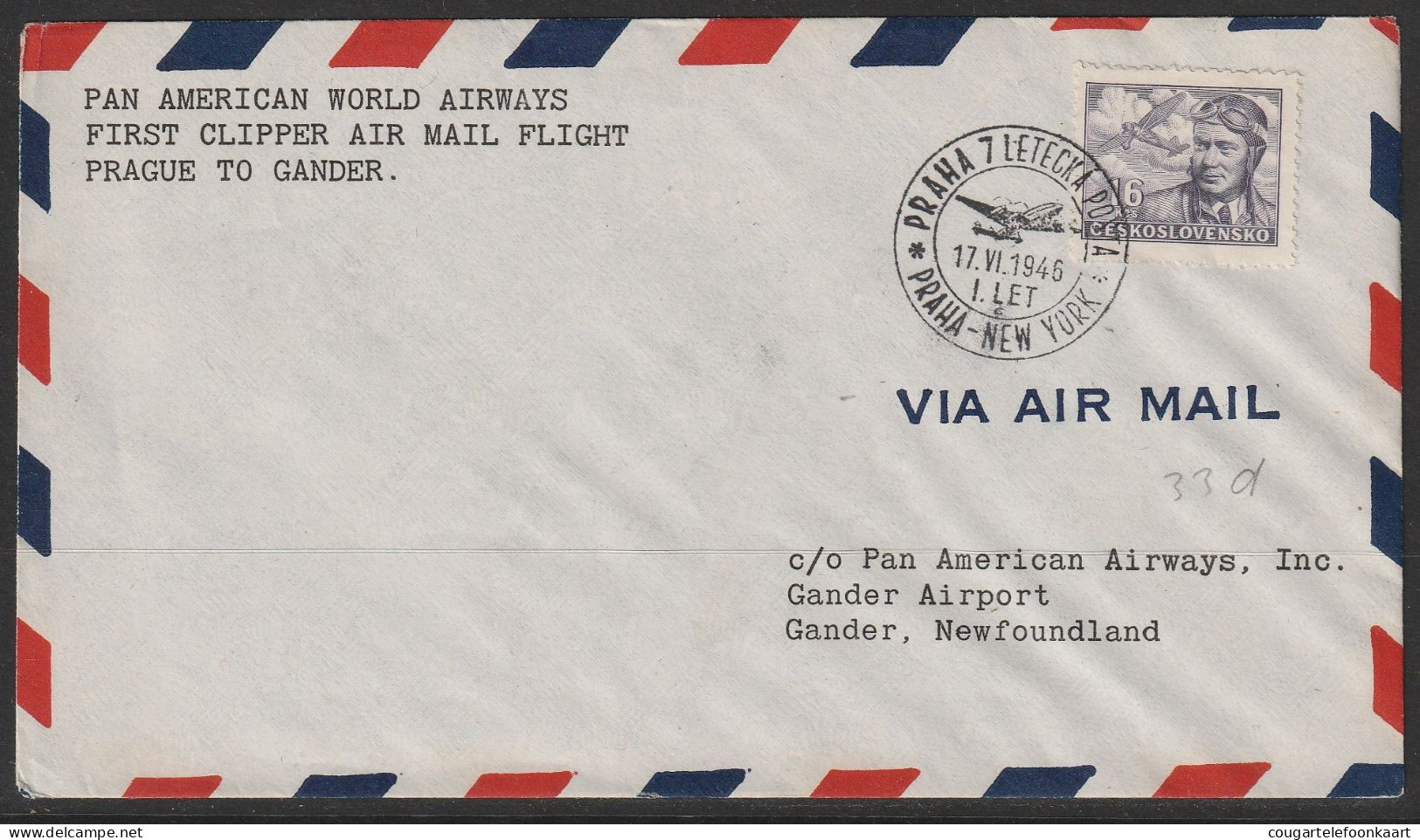 1946, Panam, First Flight Cover, Prague-Gander Newfoundland - Poste Aérienne