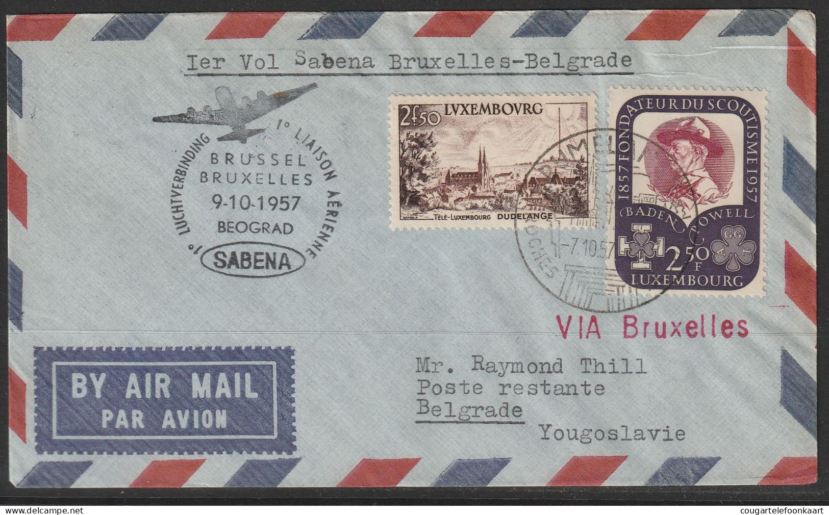 1957, Sabena, First Flight Cover, Rumelange Luxembourg-Beograd, Feeder Mail - Storia Postale