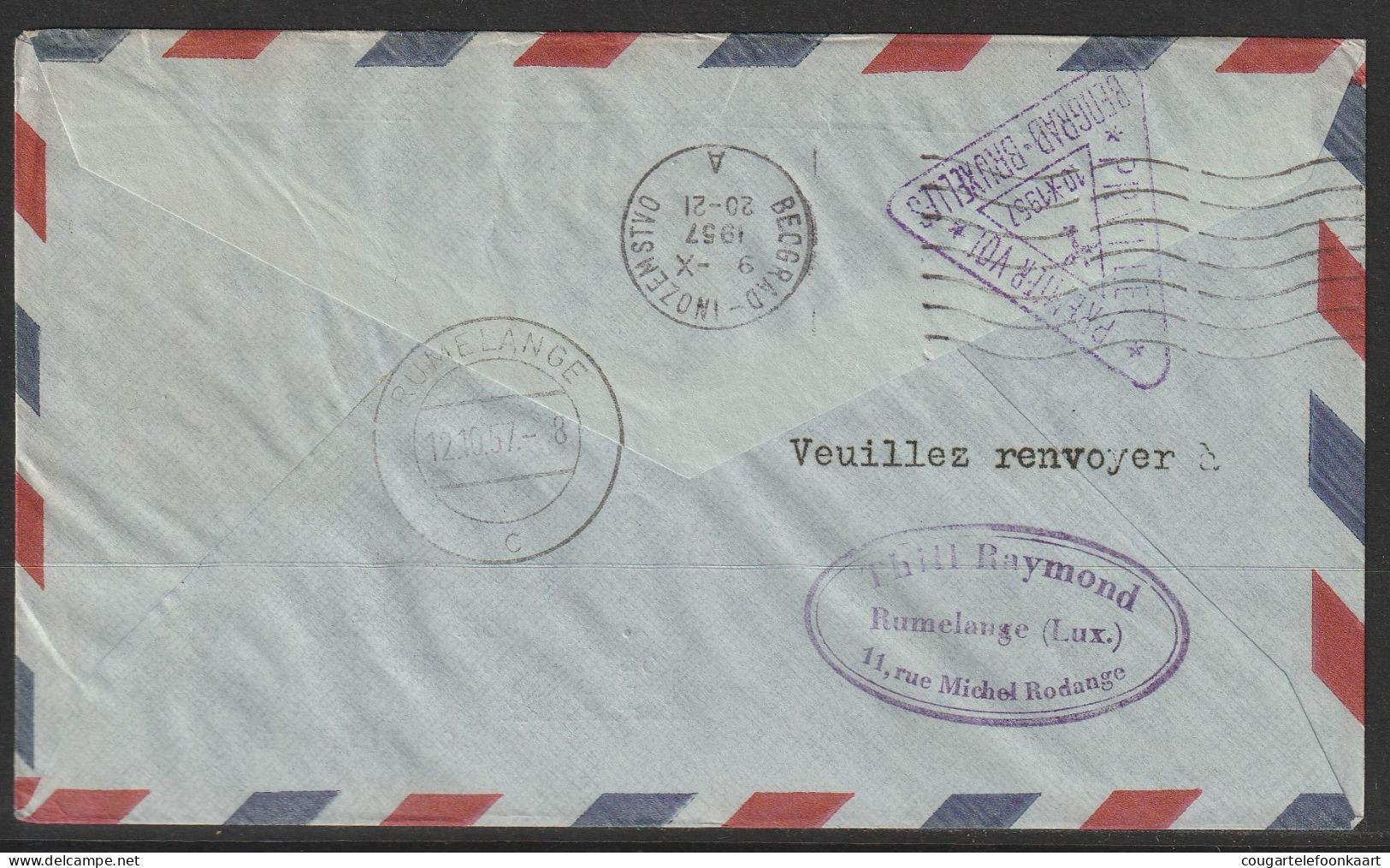 1957, Sabena, First Flight Cover, Rumelange Luxembourg-Beograd, Feeder Mail - Lettres & Documents