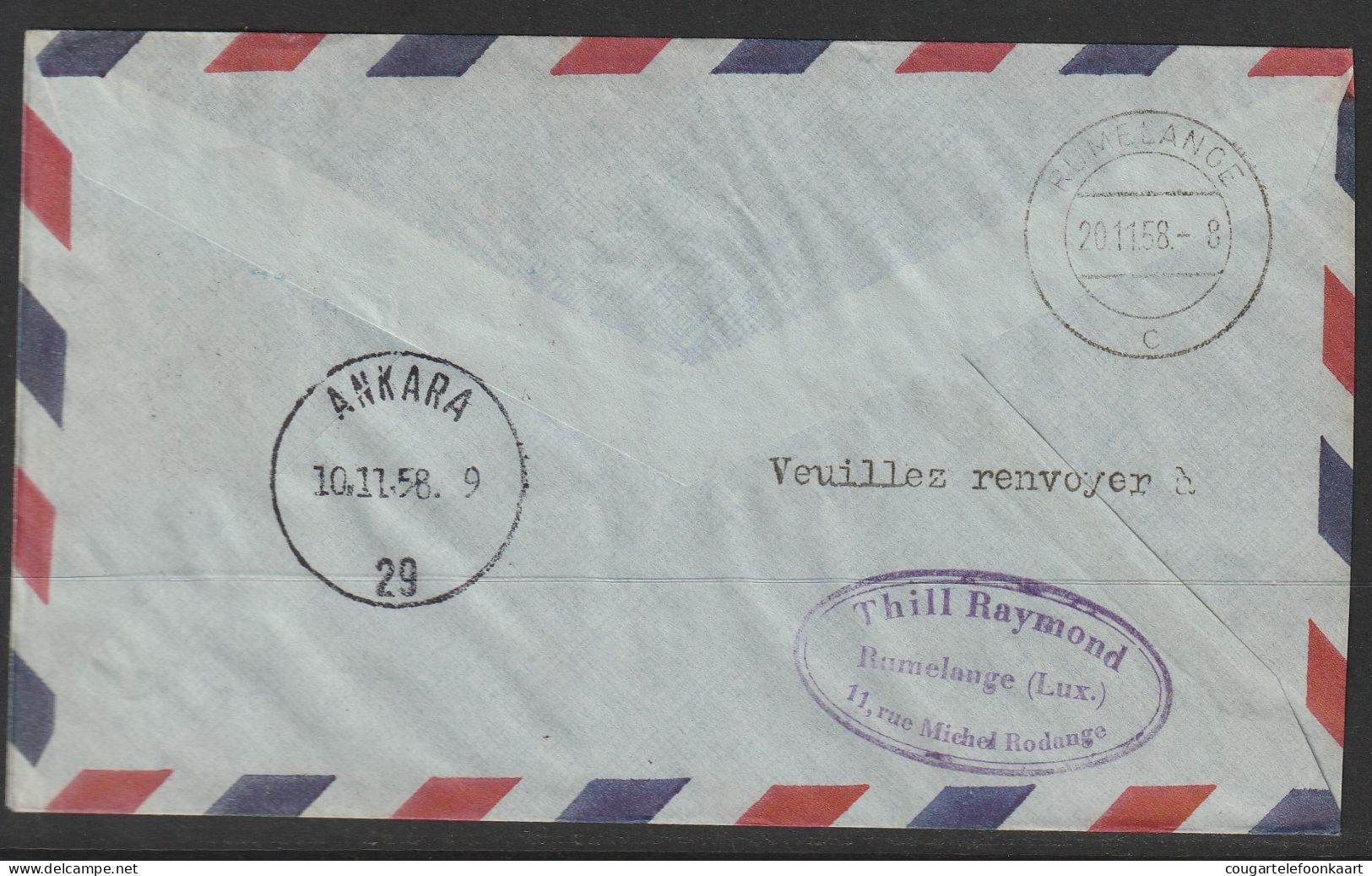 1958, Sabena, First Flight Cover, Rumelange Luxembourg-Ankara Turkye, Feeder Mail - Lettres & Documents