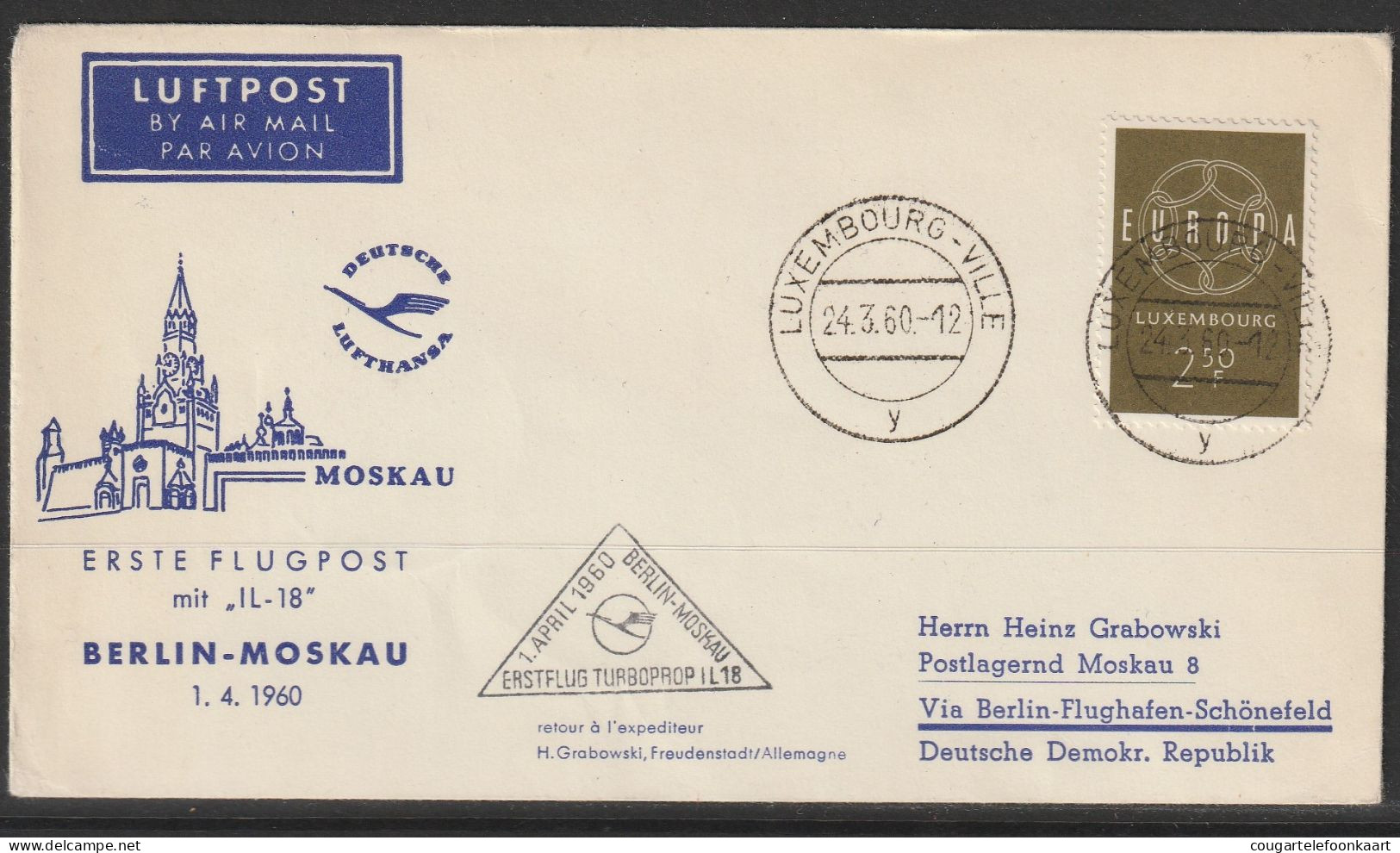 1960, Lufthansa, First Flight Cover, Luxembourg Ville-Moskau, Zuleitungspost - Brieven En Documenten