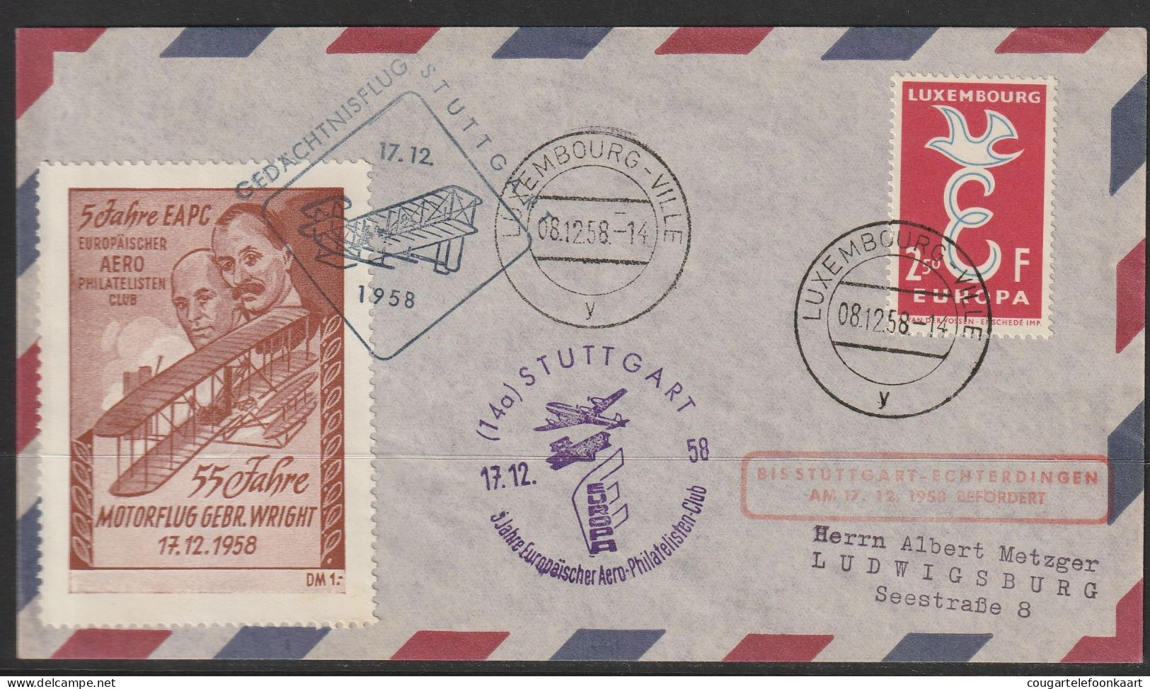 1958, Lufthansa, Gedächtnisflug Stuttgart, Luxembourg-Ville, Zuleitungspost, Wright - Covers & Documents