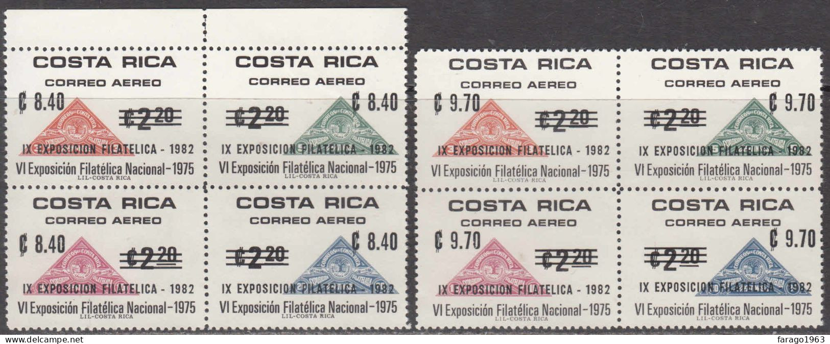 1982 Costa Rica Philatelic Exhibition Stamps On Stamps Complete Set Of 2 X Blocks Of 4  MNH - Nuovi