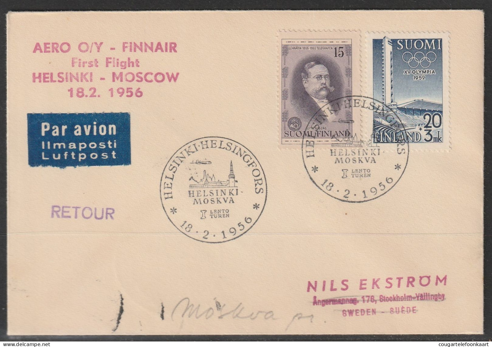 1956, Finnair, First Flight Cover, Helsinki-Moskva - Covers & Documents