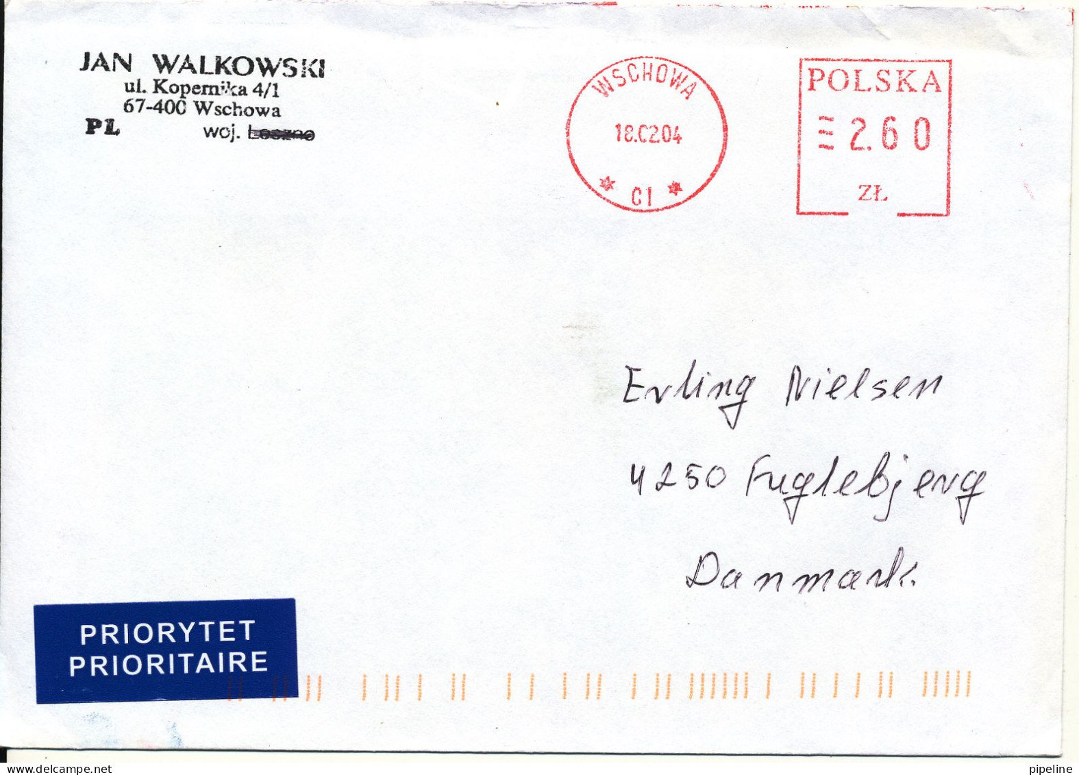 Poland Cover Sent To Denmark With Red Meter Cancel Wschowa16-2-2004 - Storia Postale
