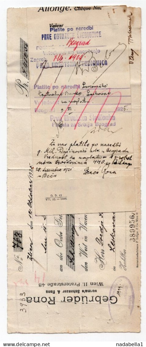 1925. AUSTRIA,VIENNA,BROTHERS RONA,CHEQUE WITH REVENUE STAMPS,CROATIA SAVINGS BANK,ZAGREB,LESKOVAC TEXTILE BANK - Revenue Stamps