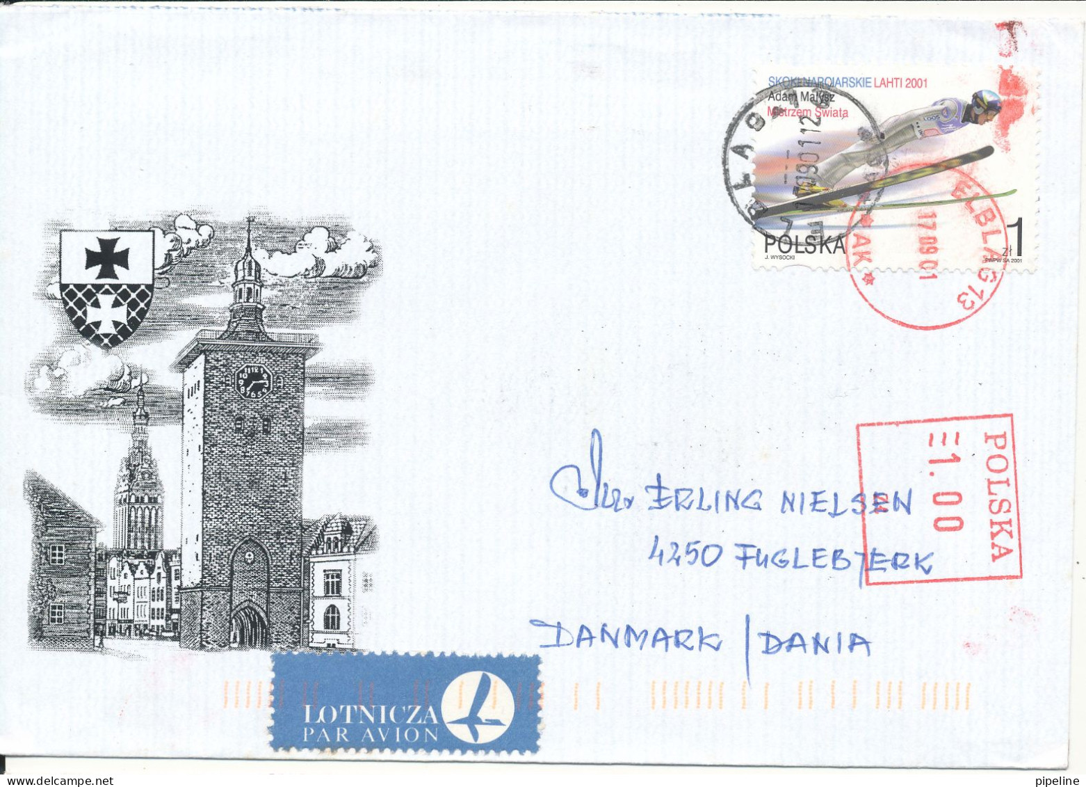 Poland Cover Sent To Denmark With Red Meter Cancel And A Stamp Elblag 12-9-2001 - Briefe U. Dokumente