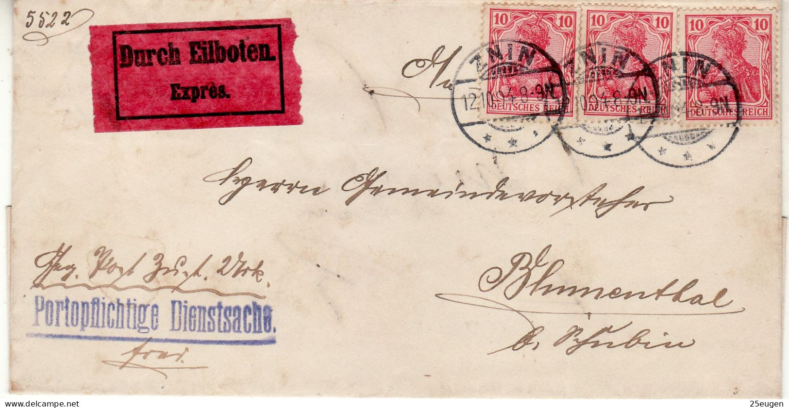 POLAND / GERMAN ANNEXATION 1904 EXPRES - LETTER  SENT FROM ŻNIN  TO SMOLNIKI / BLUMENTHAL / - Briefe U. Dokumente