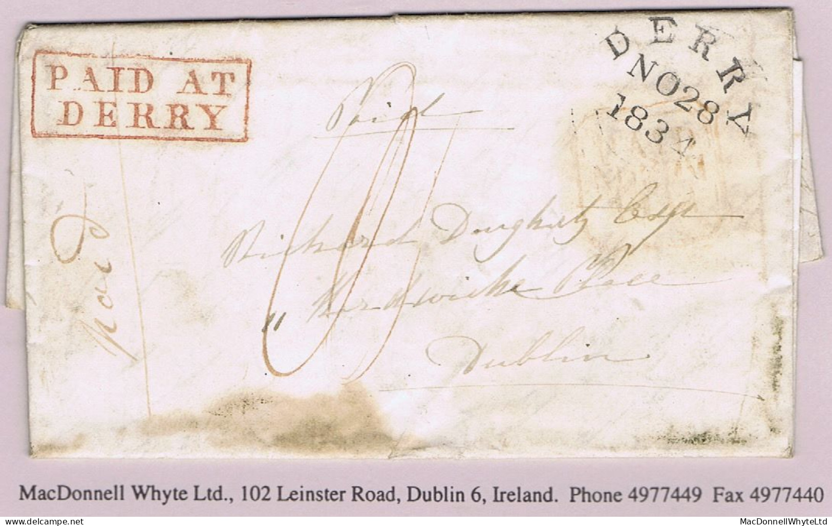 Ireland Donegal Derry 1834 Letter Muff November 27 To Dublin With Boxed PAID AT/DERRY In Red - Vorphilatelie