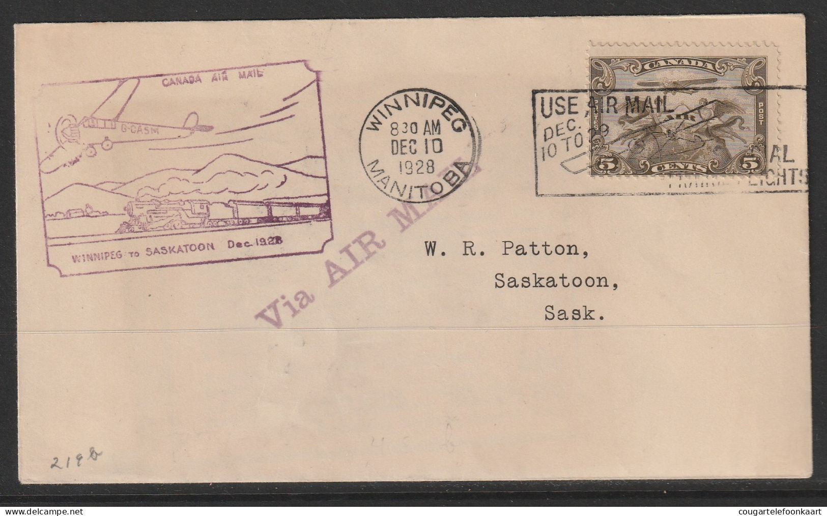 1928, First Flight Cover, Winnipeg-Saskatoon - Erst- U. Sonderflugbriefe