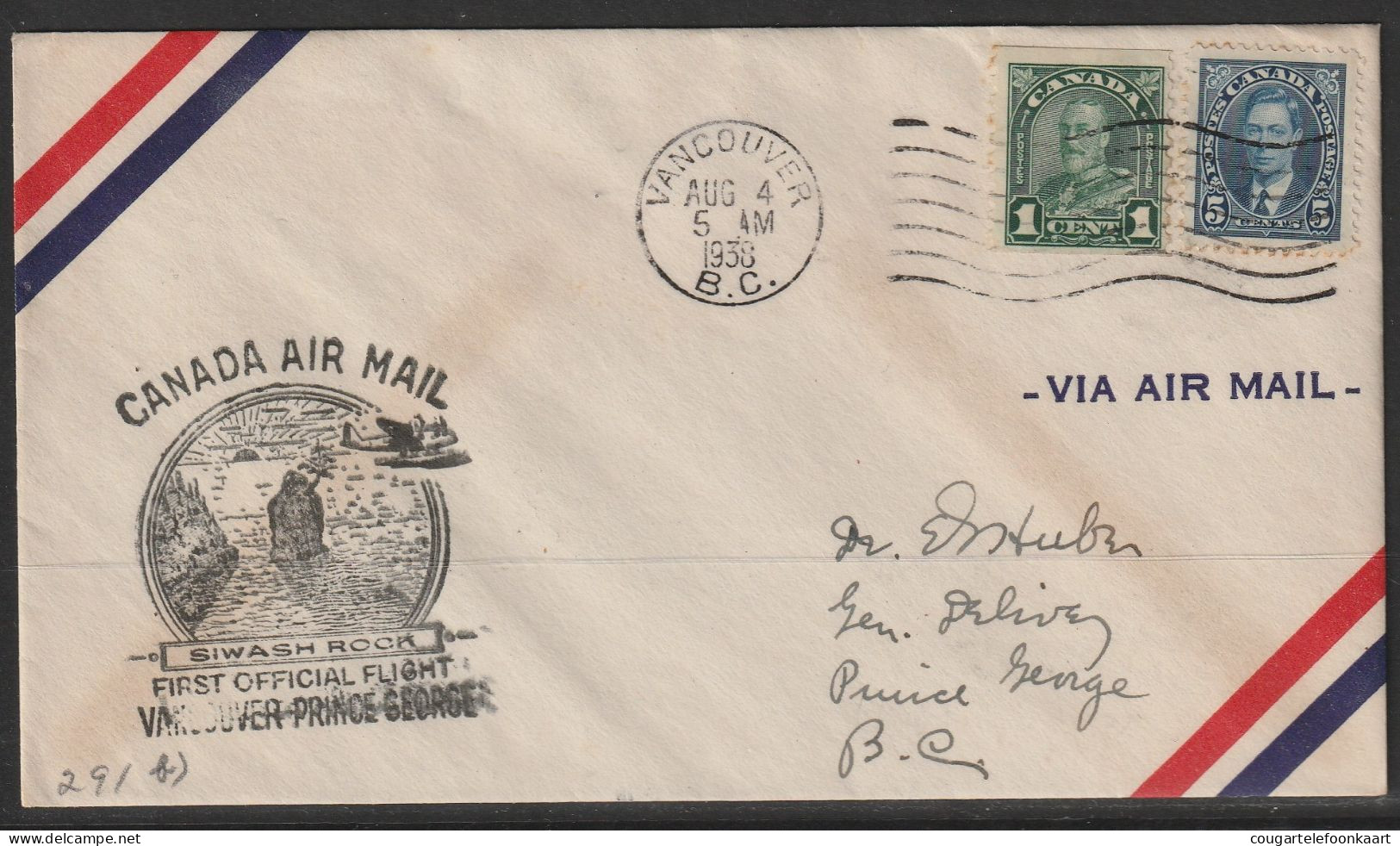 1938, First Flight Cover, Vancouver-Prince George - Premiers Vols
