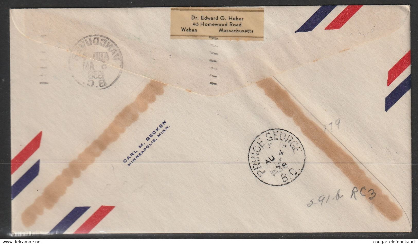 1938, First Flight Cover, Vancouver-Prince George - Primeros Vuelos