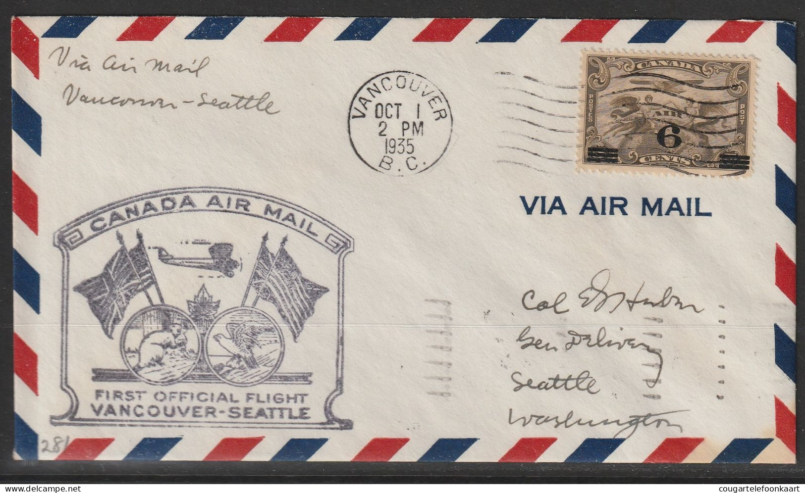 1935, First Flight Cover, Vancouver-Seattle - Primi Voli