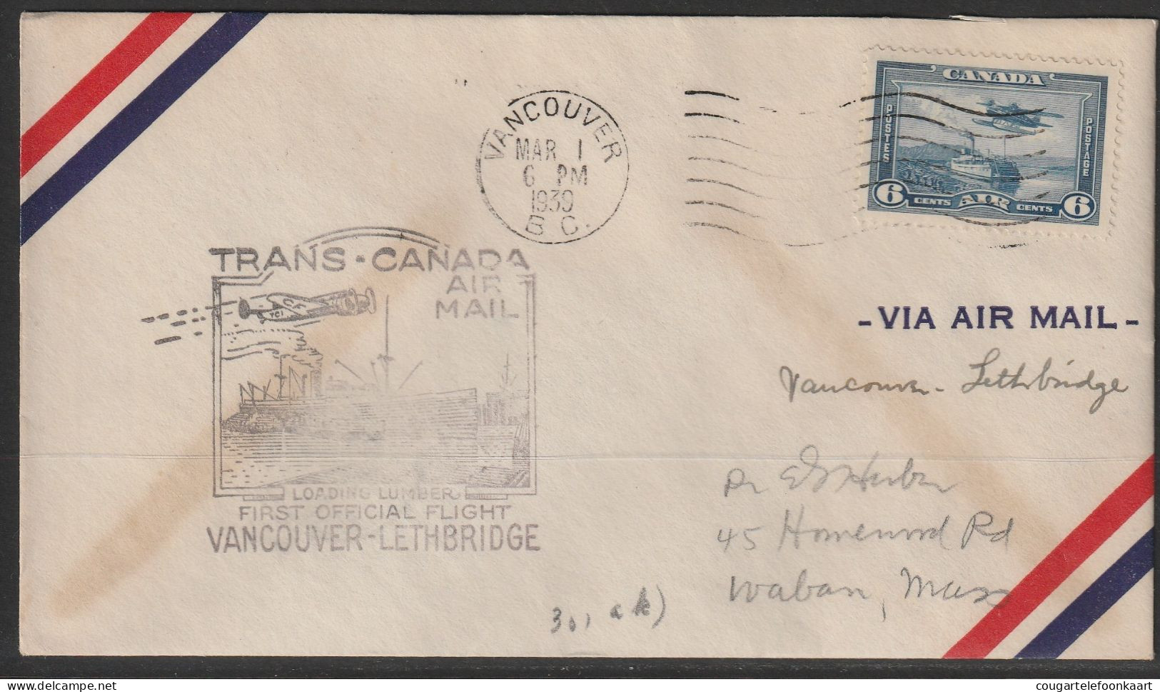 1939, First Flight Cover, Vancouver-Lethbridge - Premiers Vols