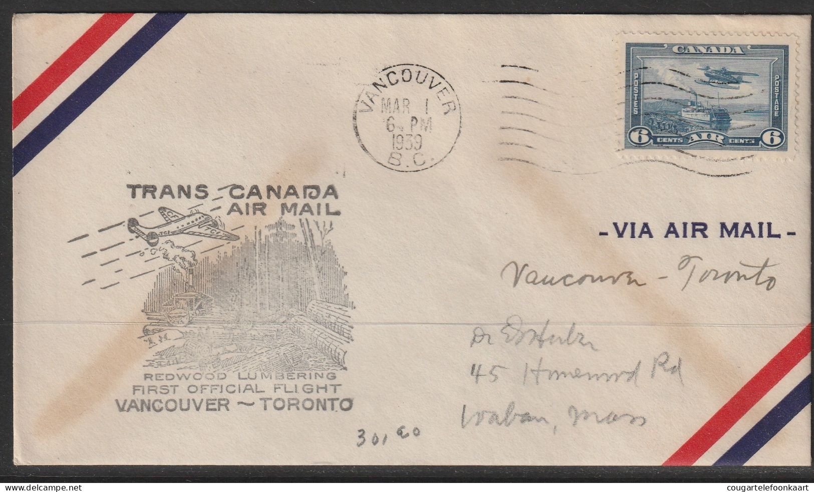 1939, First Flight Cover, Vancouver-Toronto - Primeros Vuelos