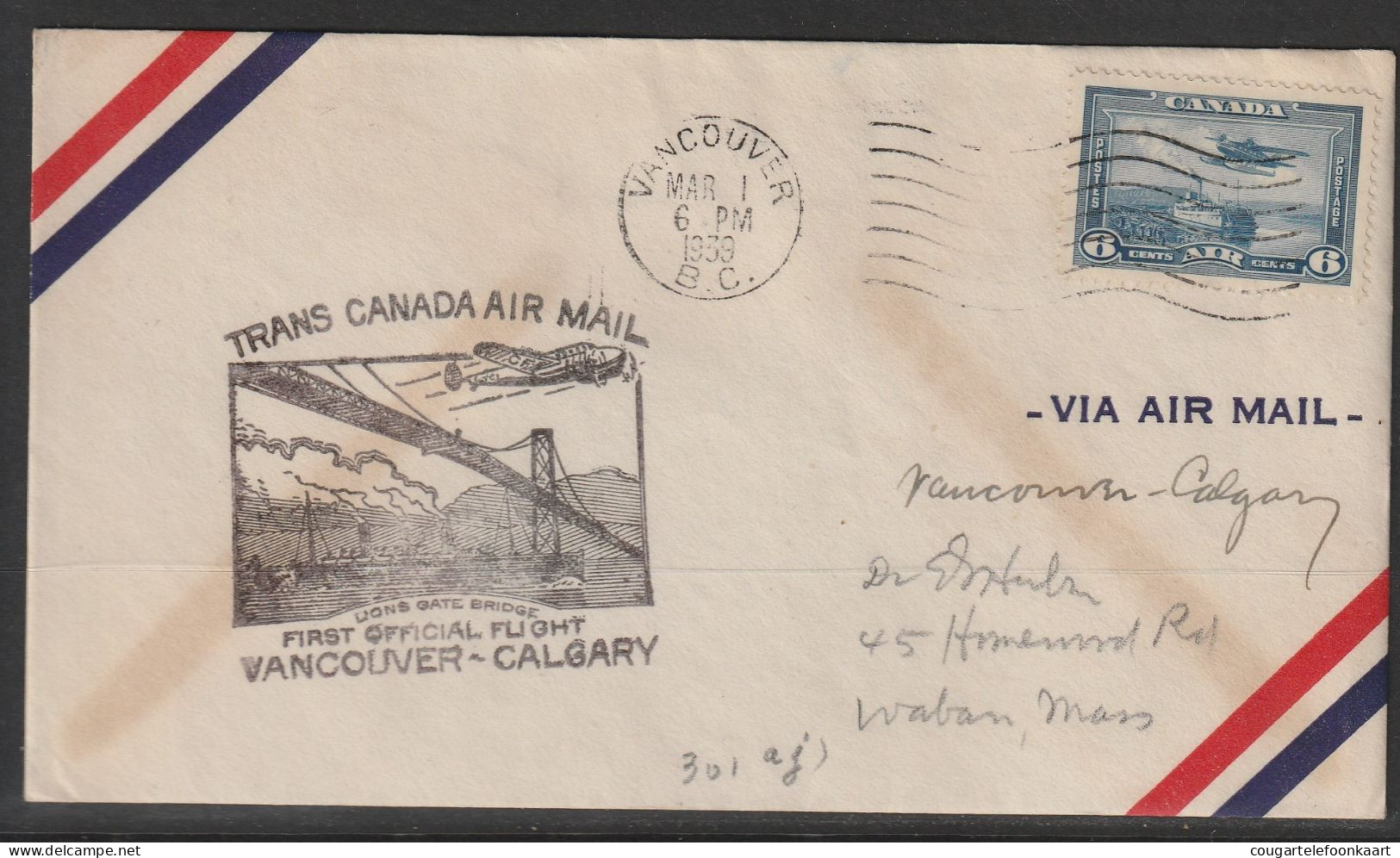 1939, First Flight Cover, Vancouver-Calgary - Erst- U. Sonderflugbriefe