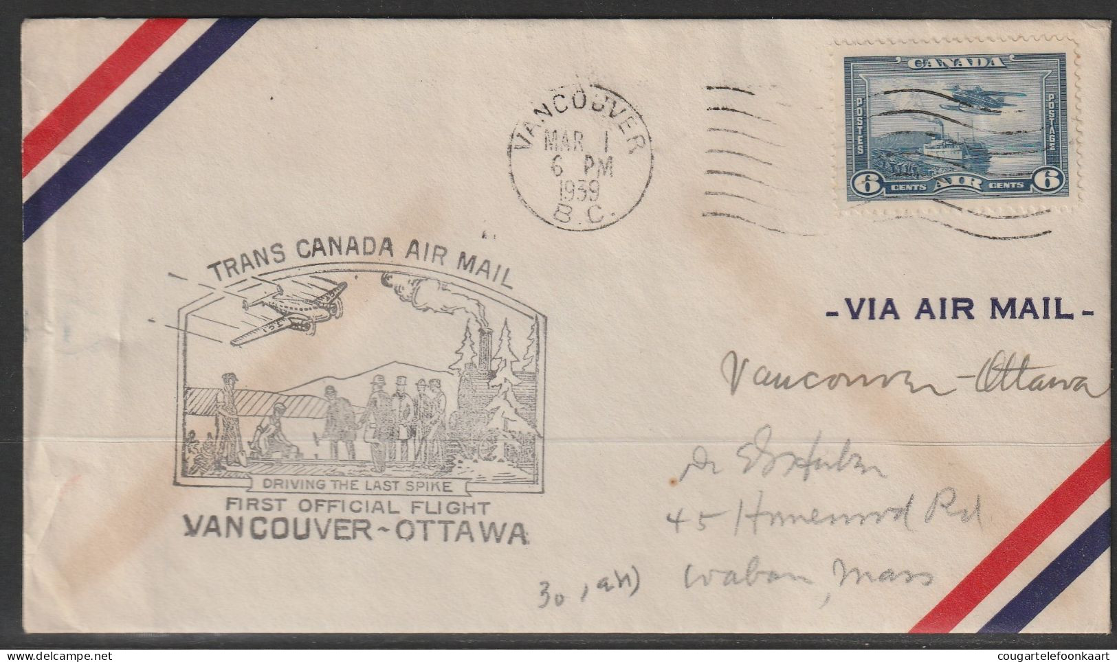 1939, First Flight Cover, Vancouver-Ottawa - Primeros Vuelos