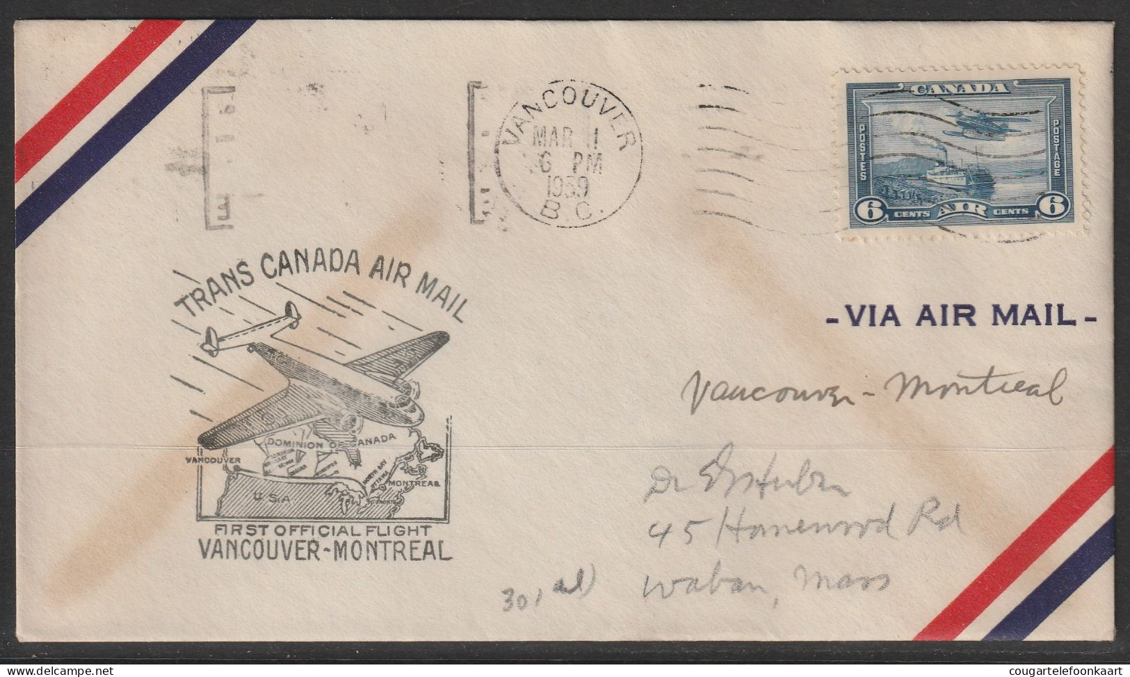 1939, First Flight Cover, Vancouver-Montreal - Primi Voli
