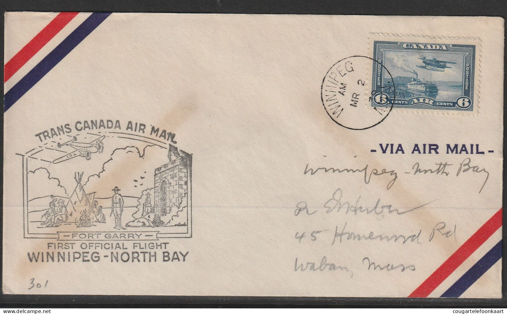 1939, First Flight Cover, Winnipeg-North Bay - Primi Voli