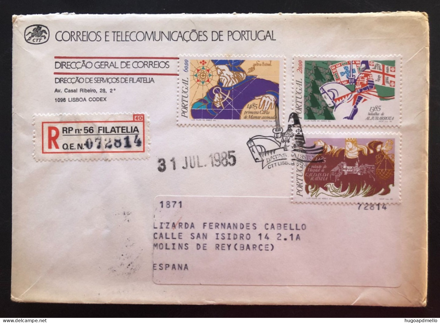 PORTUGAL, Registered Circulated Cover To Spain (Barcelona), « History Of Portugal », « Aljubarrota », 1985 - Lettres & Documents