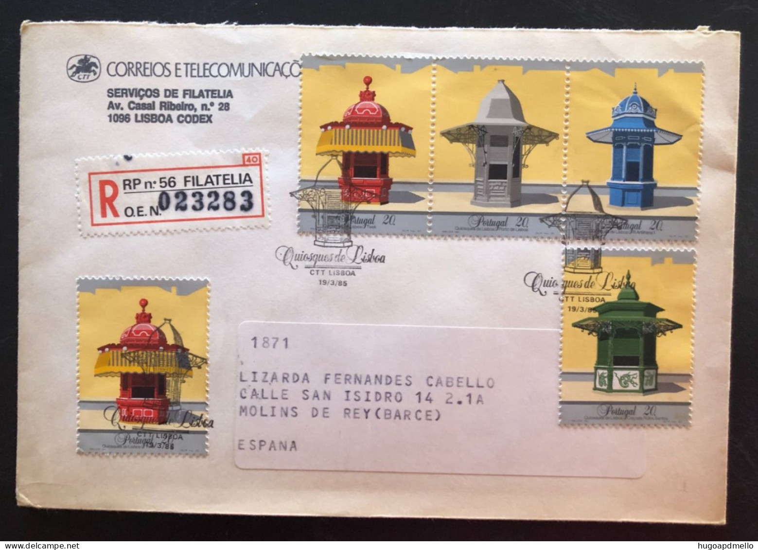 PORTUGAL, Registered Circulated Cover To Spain (Barcelona), « Quiosques De Lisboa », « Lisbon Kiosks », « MALUDA », 1985 - Cartas & Documentos