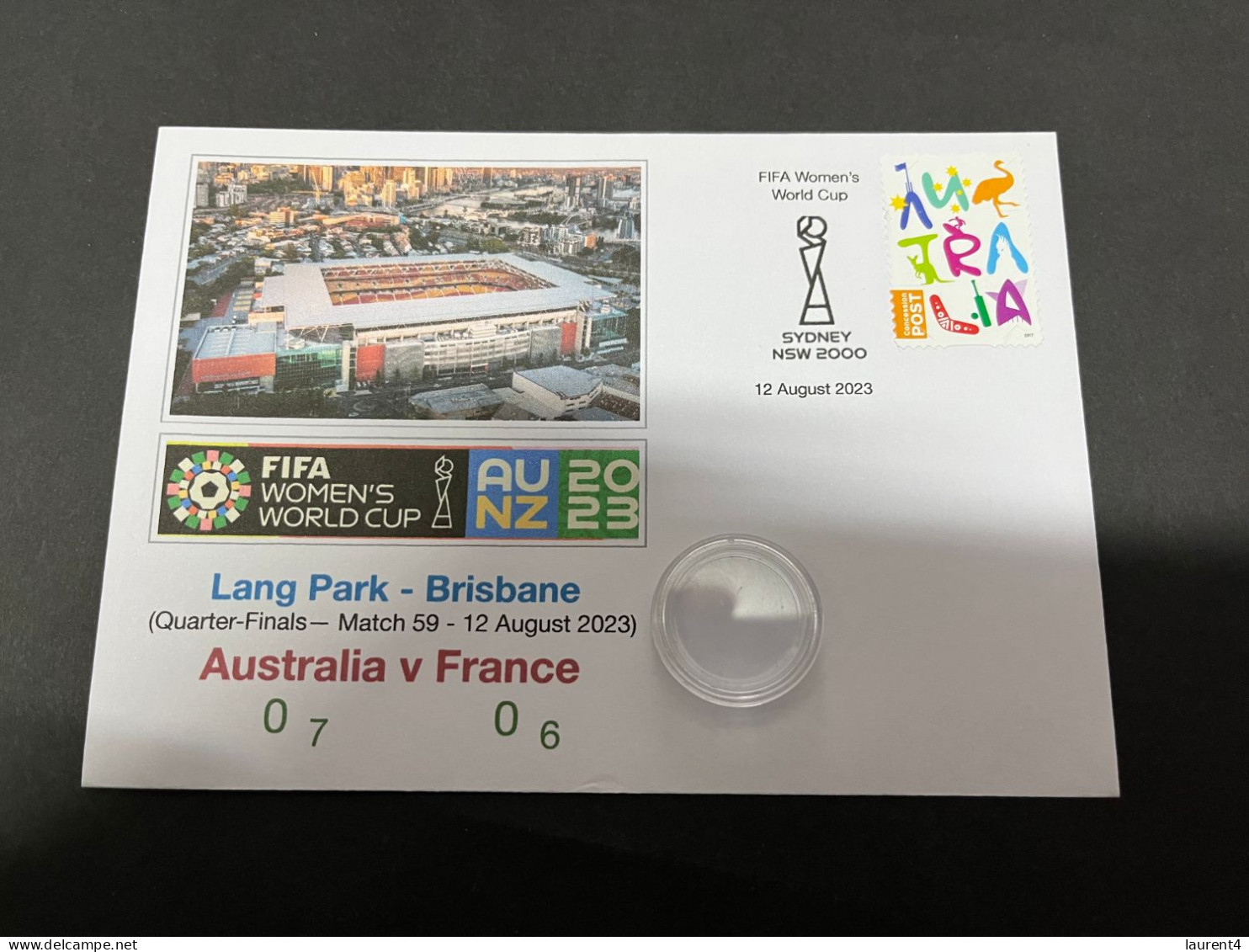 13-8-2023 (2 T 21) FIFA Women's Football World Cup Match 59 (stamp + $ 2.00 Coin) Australia (0-7) V France (0-6) - 2 Dollars