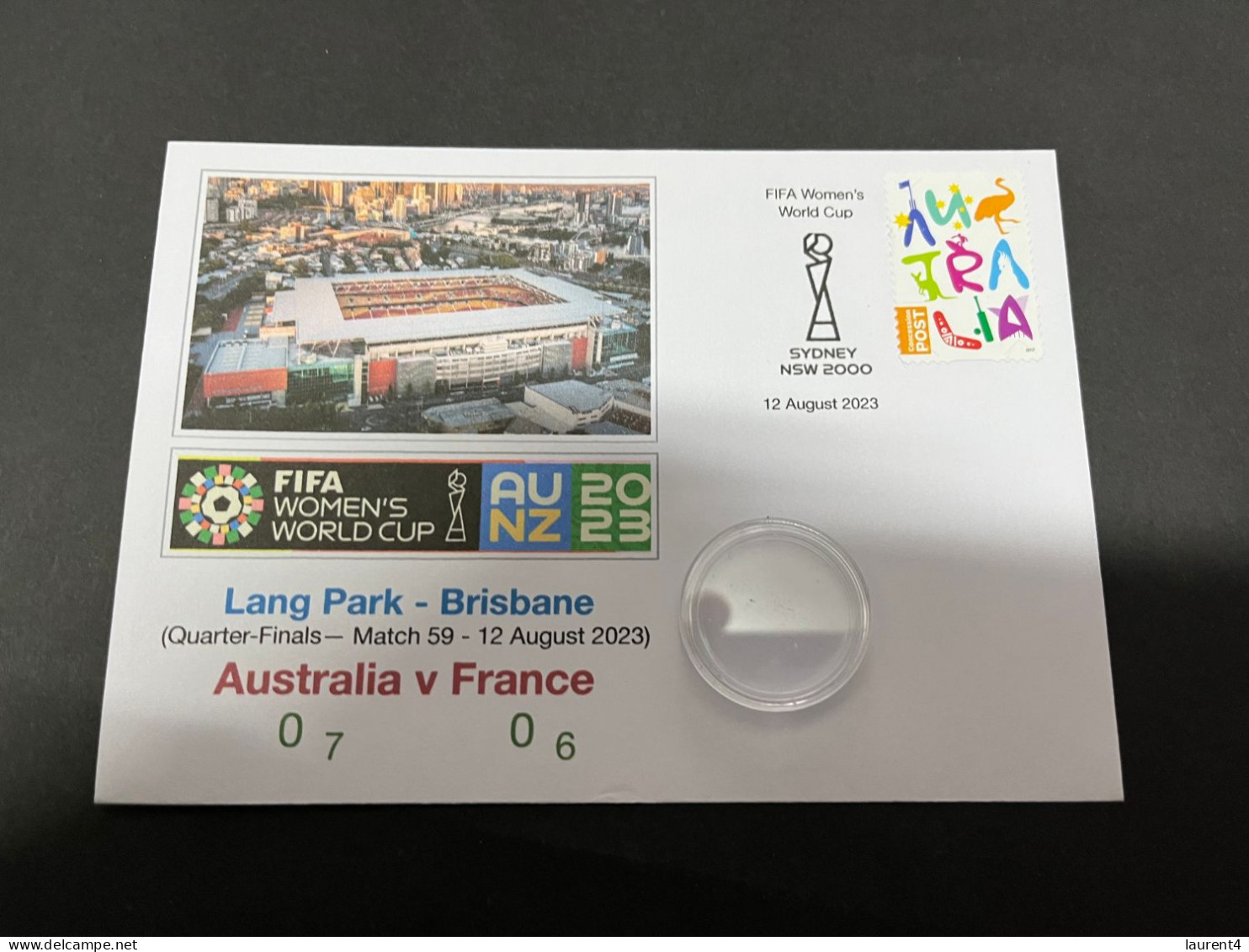 13-8-2023 (2 T 21) FIFA Women's Football World Cup Match 59 (stamp + $ 1.00 Coin) Australia (0-7) V France (0-6) - Dollar