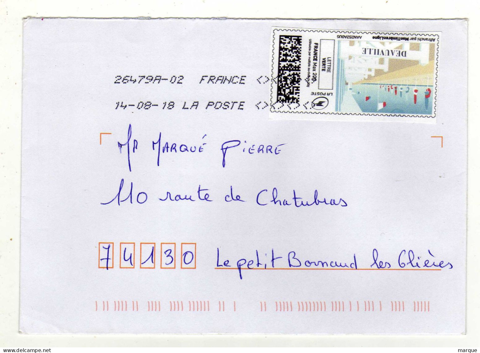 Enveloppe FRANCE Avec Vignette Affranchissement Lettre Verte Oblitération LA POSTE 26479A-02 14/08/2018 - 2010-... Vignette Illustrate