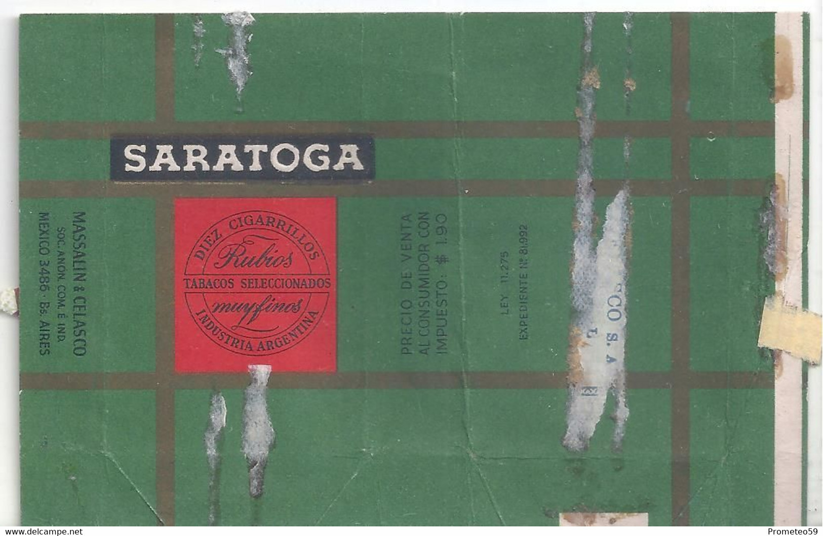 Marquilla Cigarrillos Saratoga - Década 70 – Industria Argentina - Contenitori Di Tabacco (vuoti)
