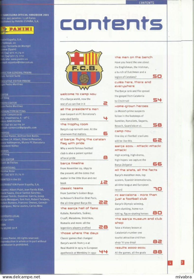 FC BARCELONA OFFICIAL HANDBOOK 2001 - EDITION PANINI SPORTS SPAIN  - HALL OF FAME RESULTS ETC... ( FOOTBALL - SOCCER ) - Sports