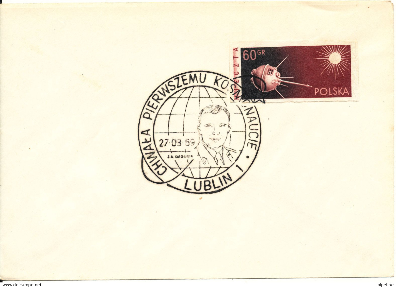 Poland Cover With Imperforated Stamp And Special SPACE (J.A. Gagarin) Postmark Lublin 27-3-1969 - Lettres & Documents