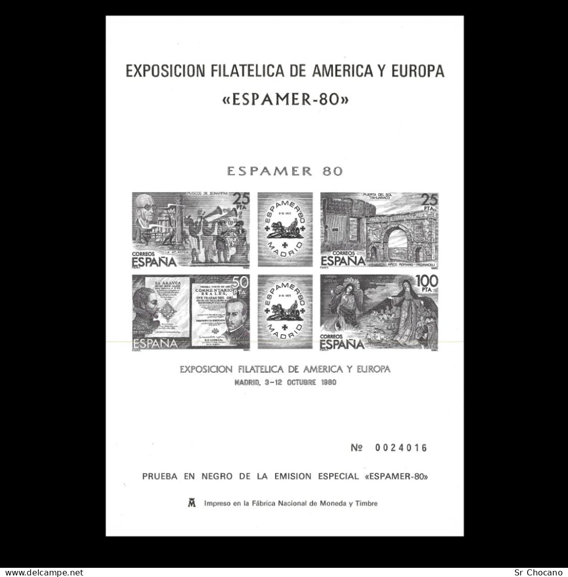 Espamer 80.Prueba Oficial.EDIFIL 3.Expo.Filatéica América Europa. - Feuillets Souvenir