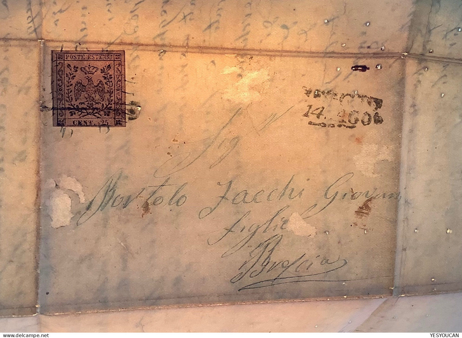 RARE SECURITY MARKING ON STAMP ! Modena Sa.4b VF 1852 25c With Pen Markings By Sender 1856cover REGGIO>BRESCIA (lettera - Modena