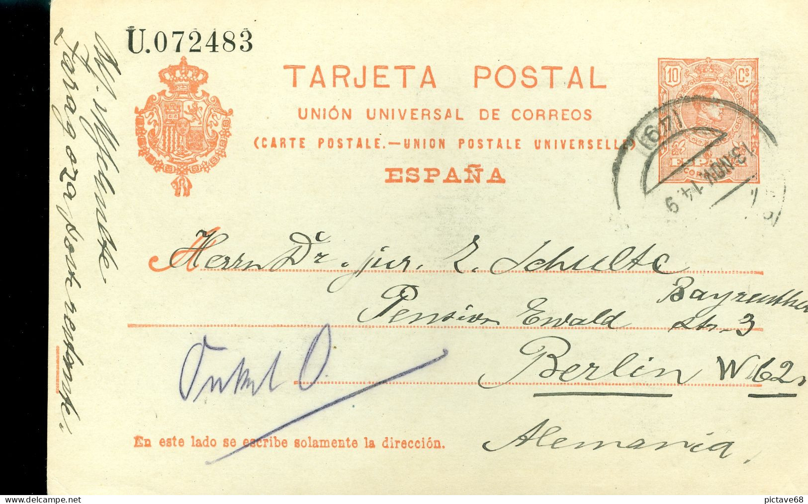 ESPAGNE / ENTIER POSTAL / TARJETA POSTAL DE 10cts ADESTINATION DE L'ALLEMAGNE 1914 - 1850-1931