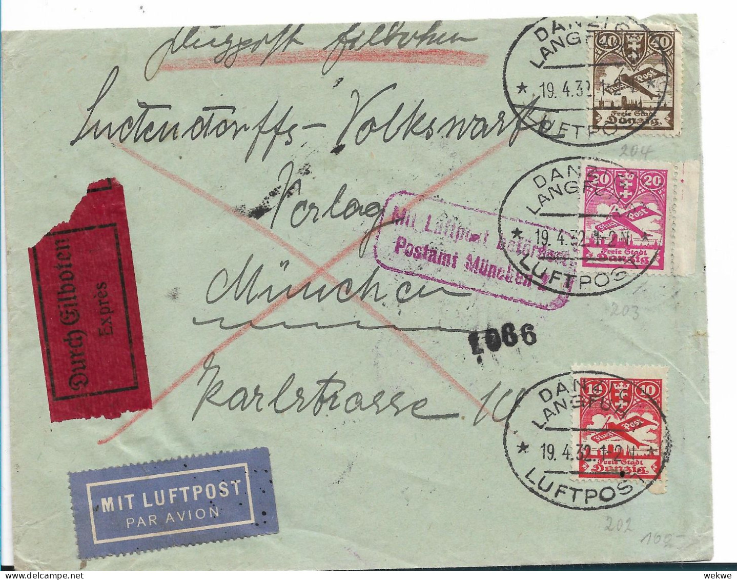 DANZIG 078 / Luftpost 1932 Nach München Per Eilboten Mit Mi.Nr. 203, 204 - Covers & Documents